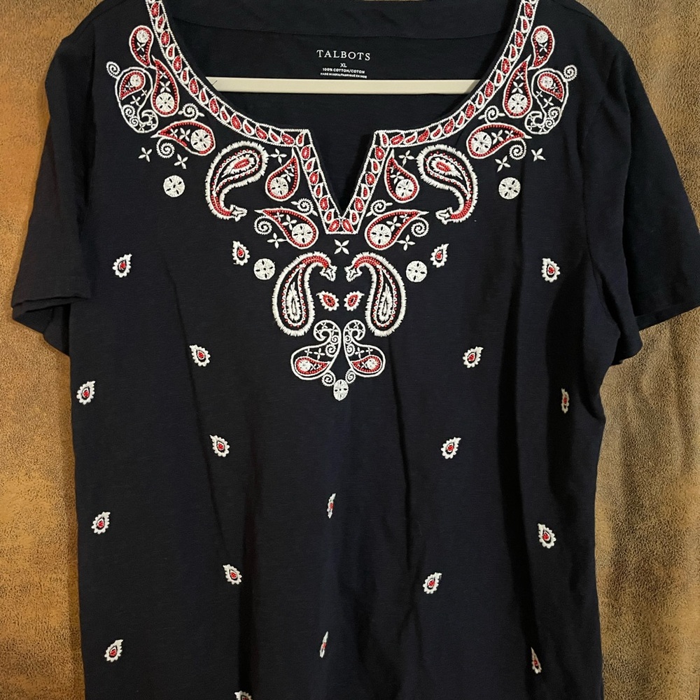Talbots Navy Top with Red and White Embroidery and Beading